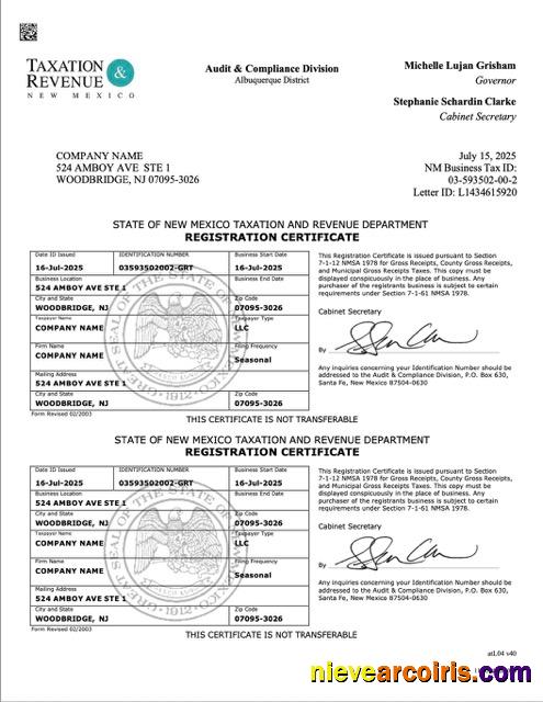 USA New Mexico registration certificate